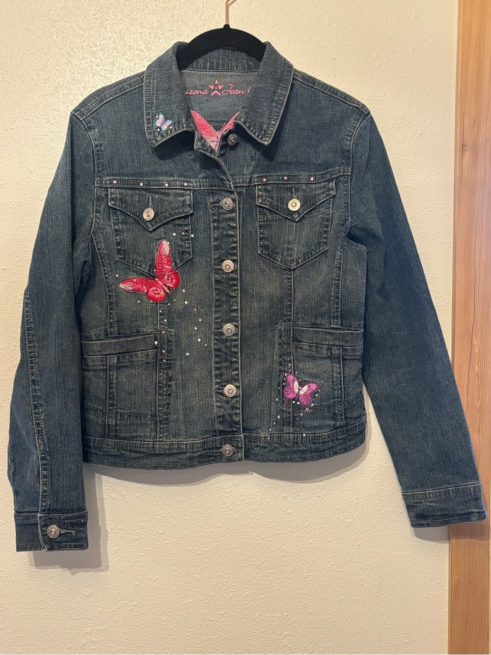 Arizona Jean Company Dark Denim Jacket with Pink & Red Butterfly Accents